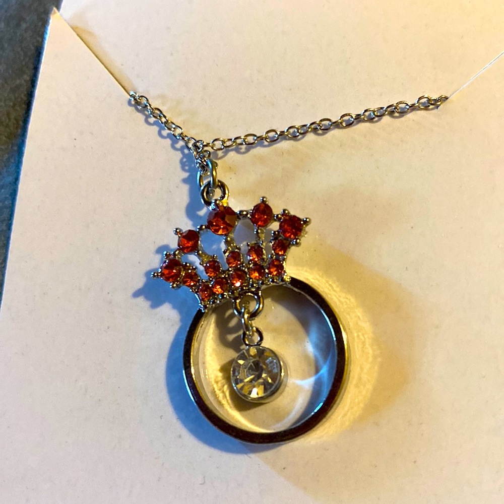 New Silver Diamond Ring Pink Crown Necklace